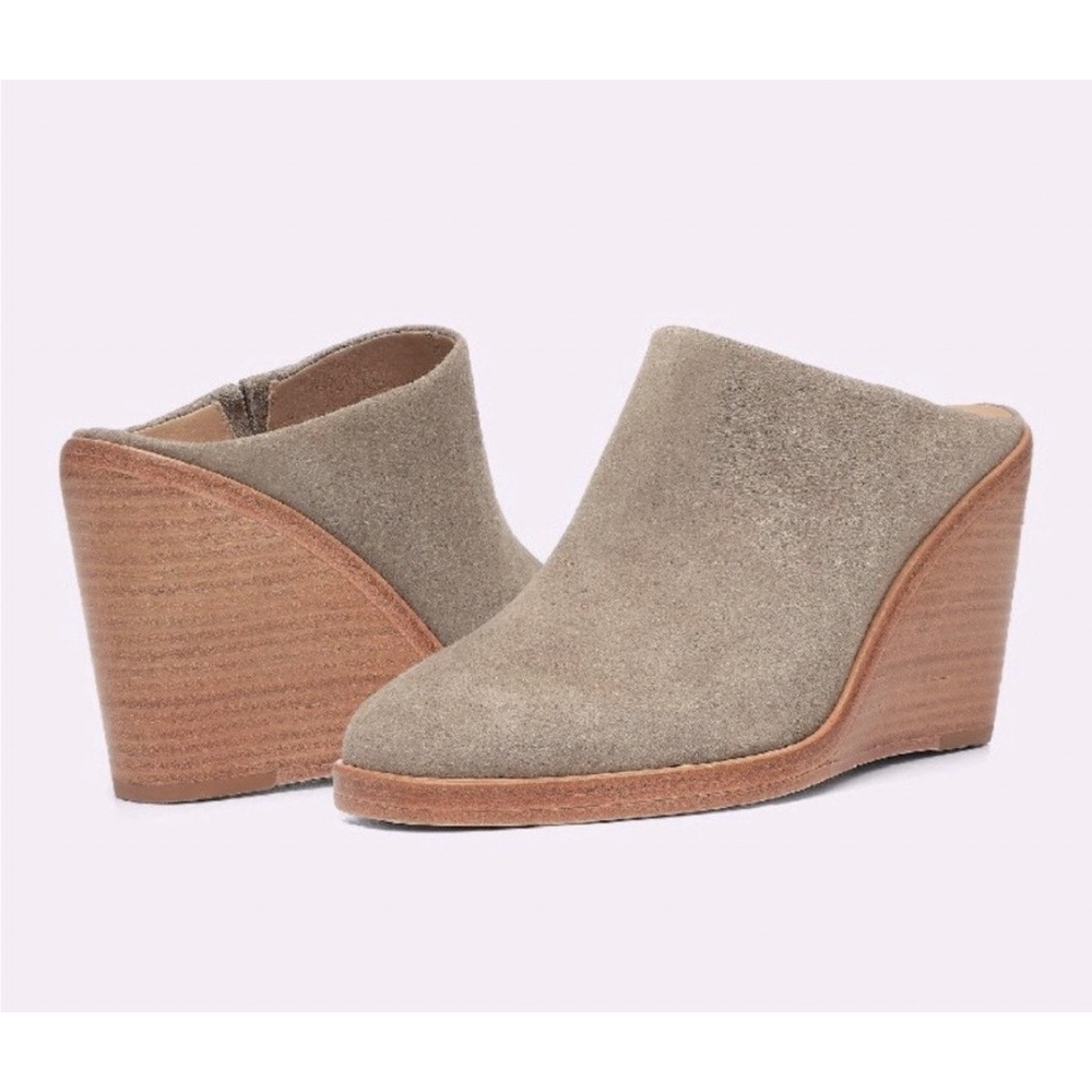 Joie Suede Wedge Mules Womens 38 Tan Wood Heel Slip On Excellent Boho Casual